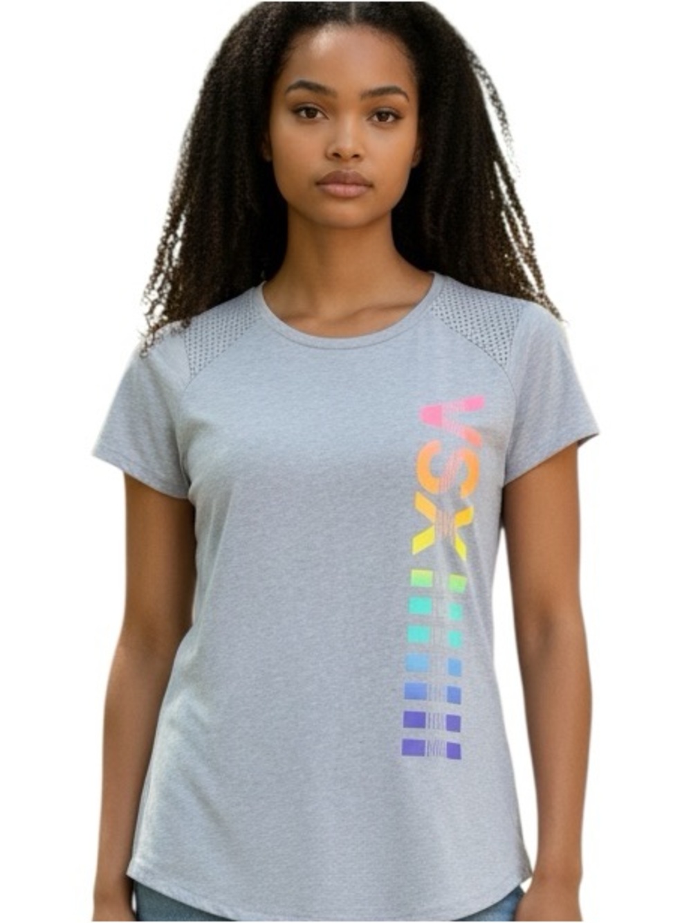 VICTORIA’S SECRET SPORT: Gray T-Shirt with Rainbow Logo & Mesh Inset Size Small